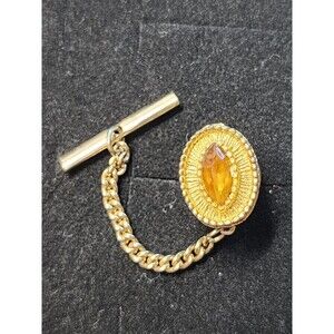 Vintage Signed Dante Tie Clip Gold Tone Amber Colored Glass Stone MCM Hollywood